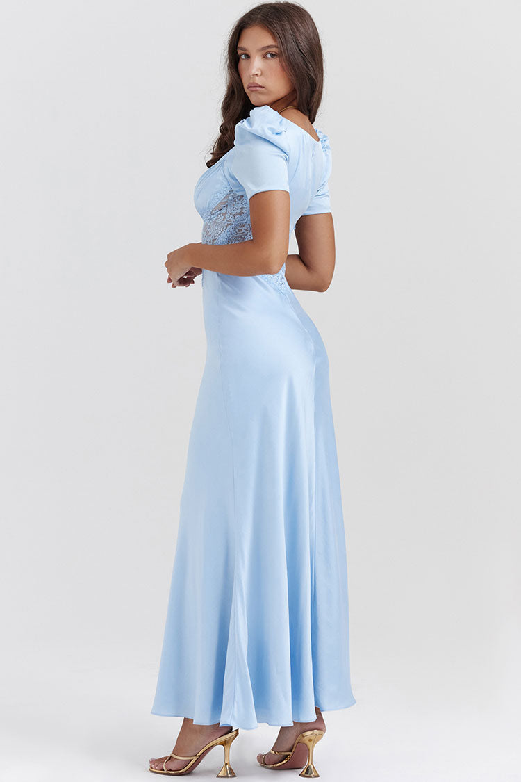 Silky Satin Pleated Deep V Puff Sleeve Lace Panel Fishtail Evening Maxi Dress - Blue 3