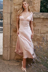 Silky Satin Pleated Deep V Fishtail Evening Maxi Dress - Pink