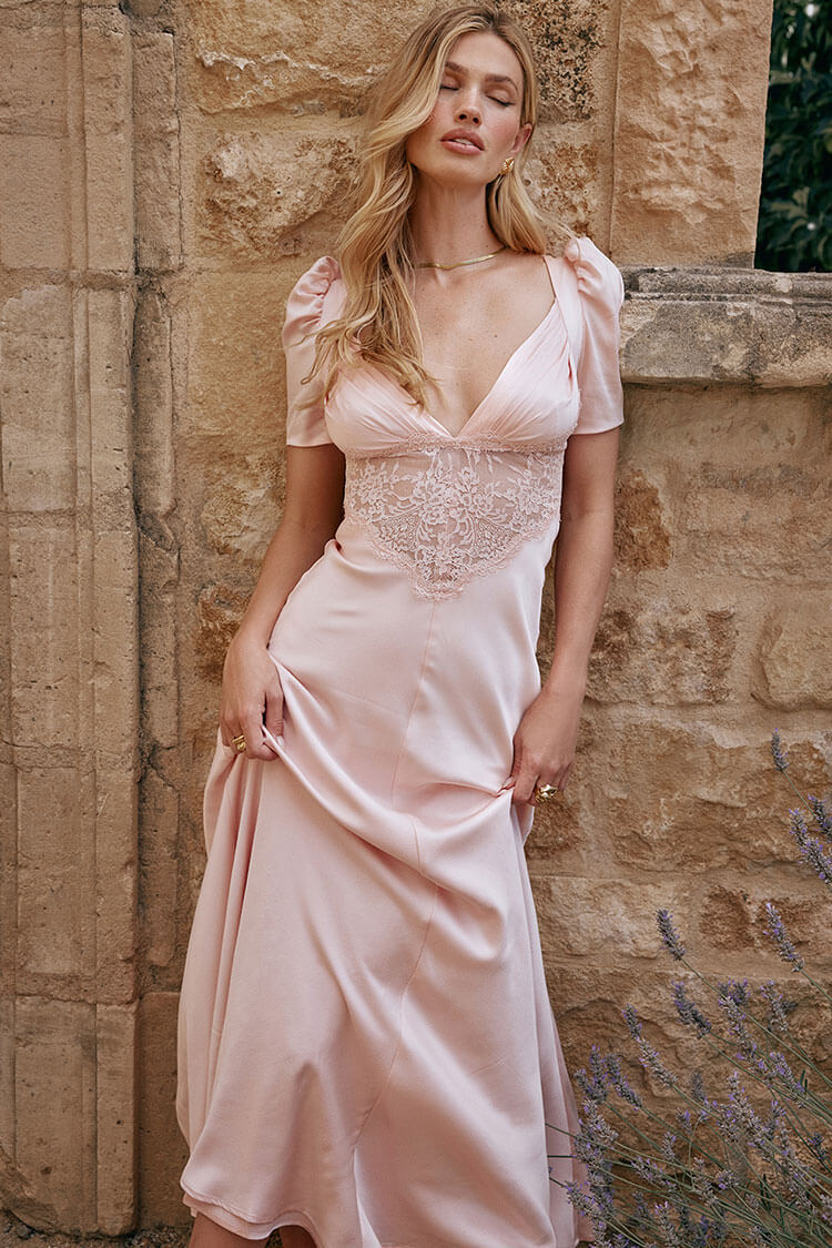 Silky Satin Pleated Deep V Fishtail Evening Maxi Dress - Pink - View 2