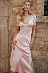 Silky Satin Pleated Deep V Fishtail Evening Maxi Dress - Pink - View 2