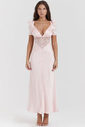 Silky Satin Pleated Deep V Fishtail Evening Maxi Dress - Pink - View 3