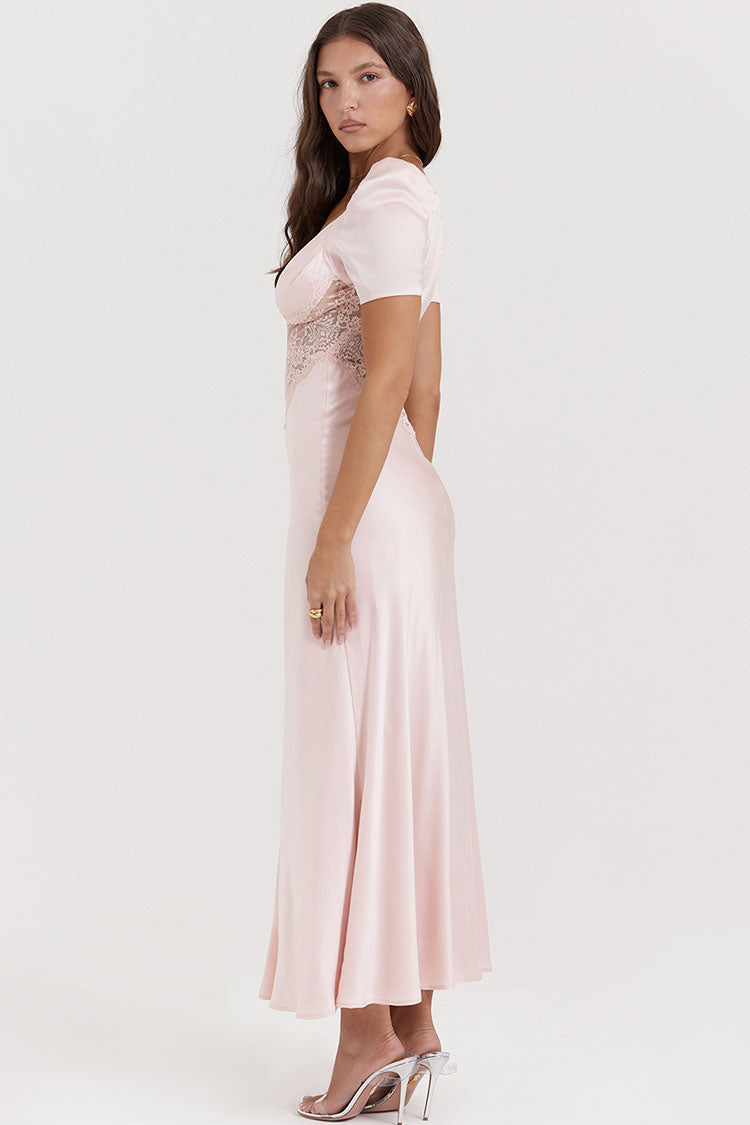 Silky Satin Pleated Deep V Fishtail Evening Maxi Dress - Pink - View 6