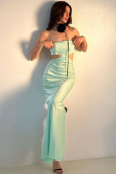 Silky Satin Rosette Trim Cutout Strapless Summer Prom Maxi Dress - Mint Green 2