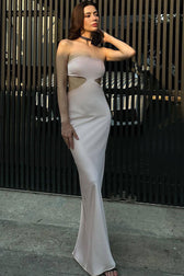 Silky Satin Rosette Trim Cutout Strapless Summer Prom Maxi Dress - Pink 3