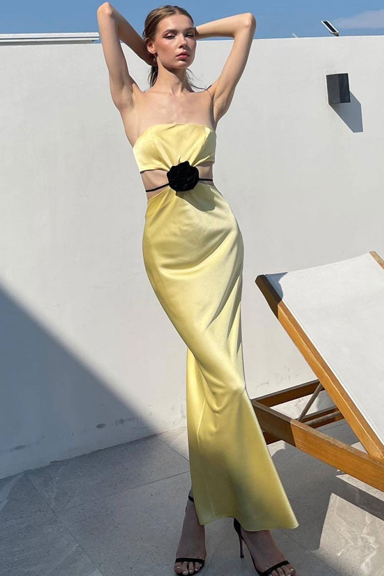 Silky Satin Rosette Trim Cutout Strapless Summer Prom Maxi Dress - Yellow 2