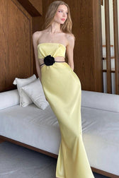 Silky Satin Rosette Trim Cutout Strapless Summer Prom Maxi Dress - Yellow 4