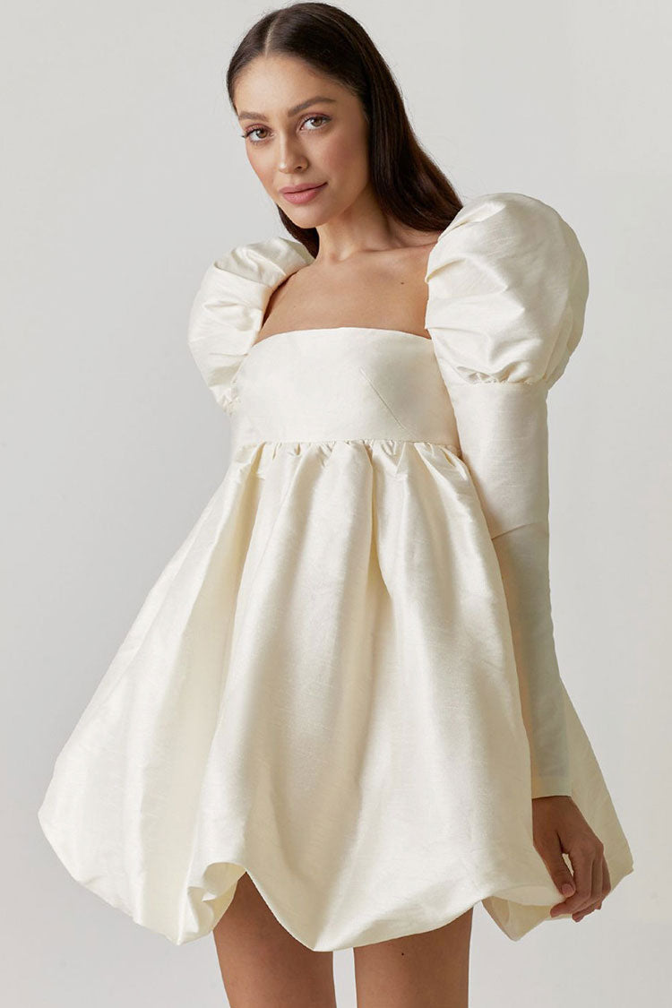 Satin Square Neck Puff Shoulder Long Sleeve Bubble Hem Babydoll Mini Dress