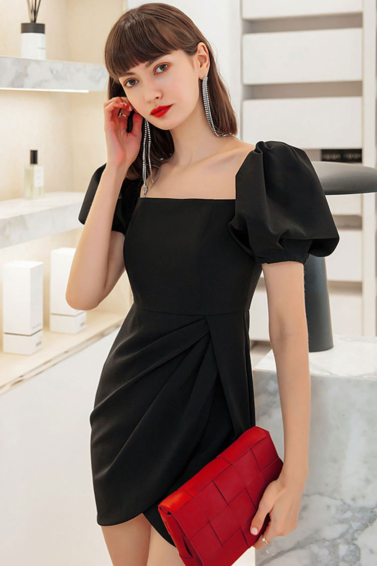 Silky Satin Square Neck Puff Sleeve Pleated Trim Party Mini Dress - Black 2