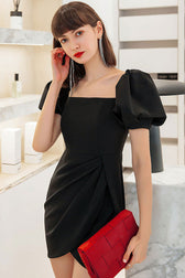 Silky Satin Square Neck Puff Sleeve Pleated Trim Party Mini Dress - Black 2