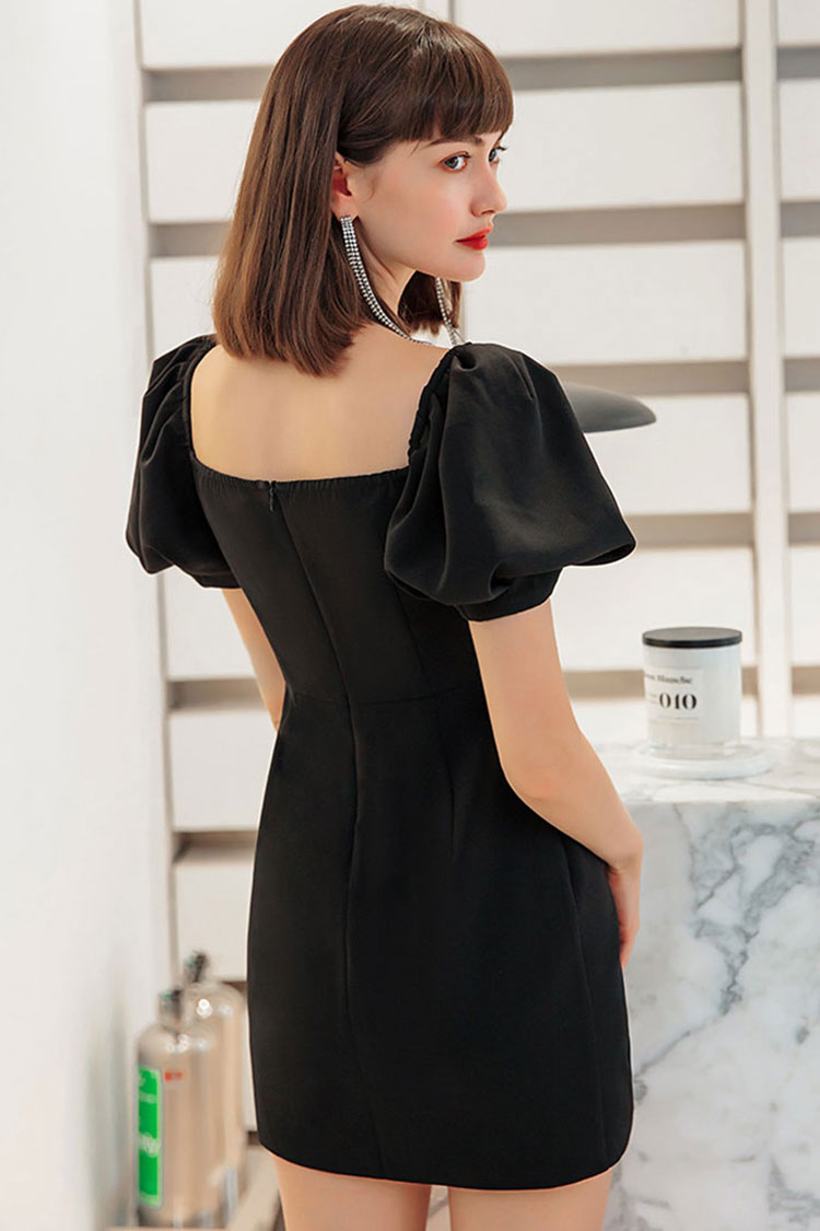 Silky Satin Square Neck Puff Sleeve Pleated Trim Party Mini Dress - Black 3