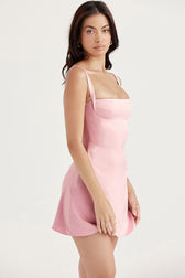 Silky Satin Square Neck Suspender Strap Party Mini Dress - Pink 3