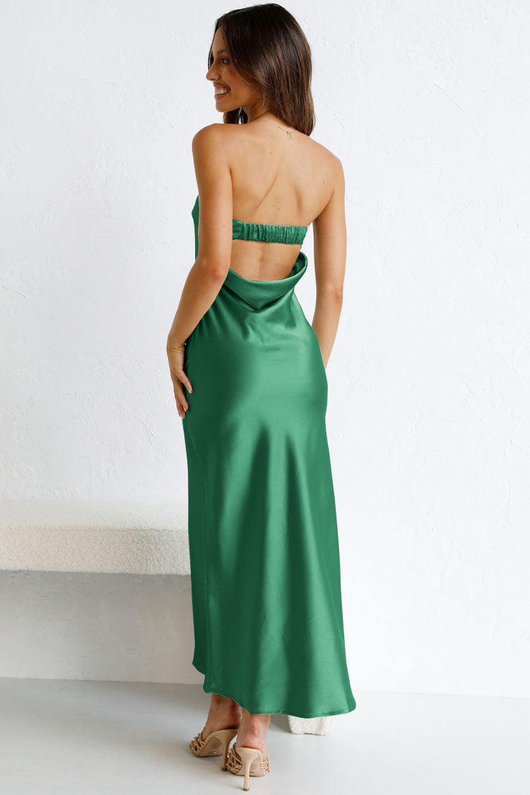 Silky Pleated Strapless Cowl Back Cocktail Midi Dress - Green 2