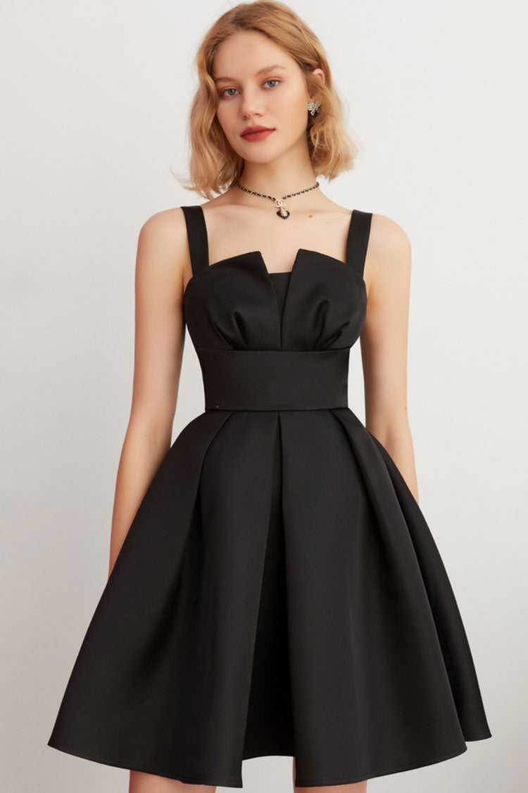 Satin Wide Strap Notched Neck Pleated Fit and Flare Mini Dress