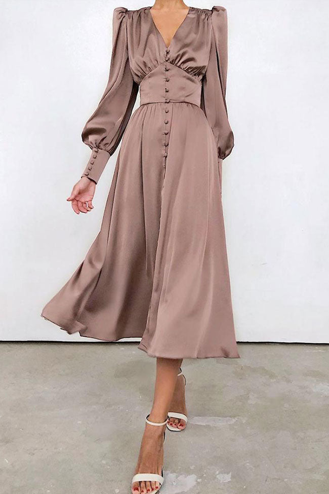 Satin V-Neck Puff Long Sleeve Button Front A-Line Midi Dress