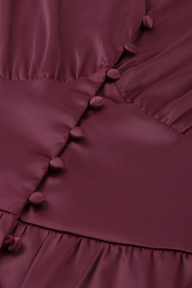 Silky Satin V Neck Puff Sleeve Button Up French Shirt Midi Dress - Burgundy 2