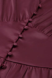 Silky Satin V Neck Puff Sleeve Button Up French Shirt Midi Dress - Burgundy 2