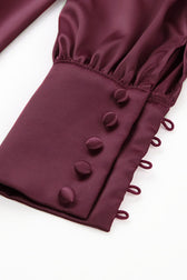 Silky Satin V Neck Puff Sleeve Button Up French Shirt Midi Dress - Burgundy 3