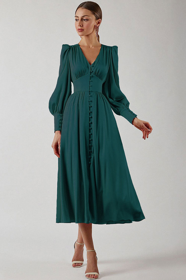 Satin V-Neck Puff Long Sleeve Button Front A-Line Midi Dress