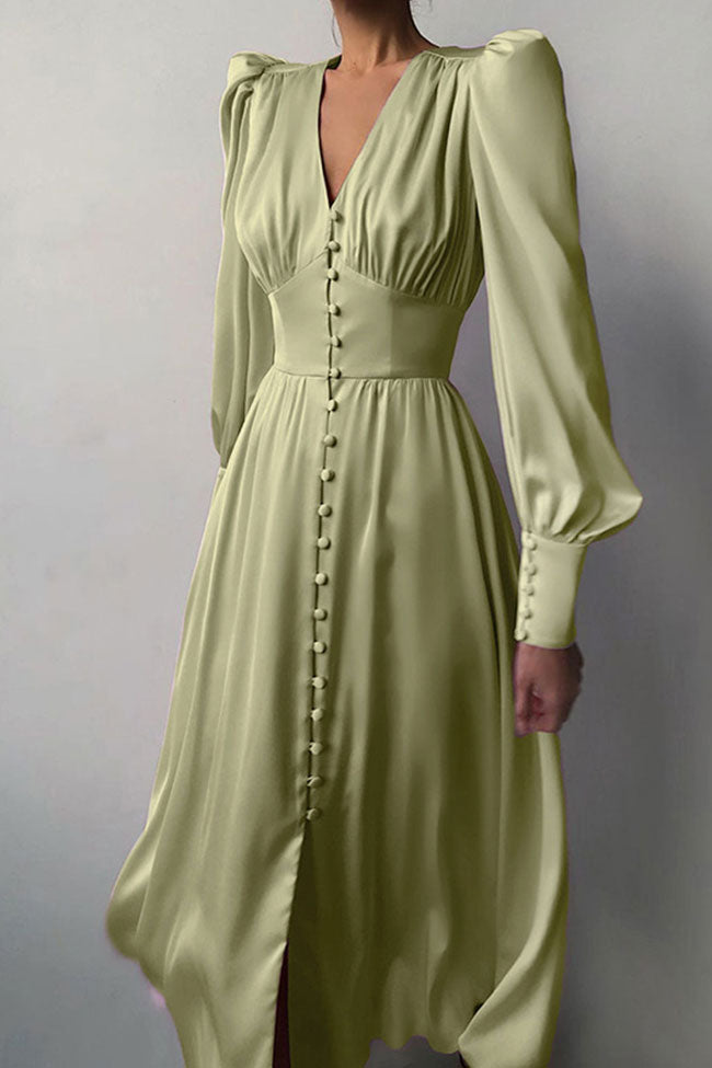 Satin V-Neck Puff Long Sleeve Button Front Midi Dress