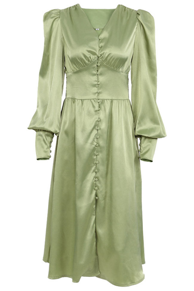 Silky Satin V Neck Puff Sleeve Button Up French Shirt Midi Dress - Green 2