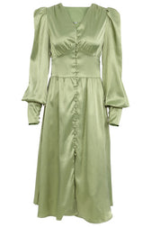 Silky Satin V Neck Puff Sleeve Button Up French Shirt Midi Dress - Green 2