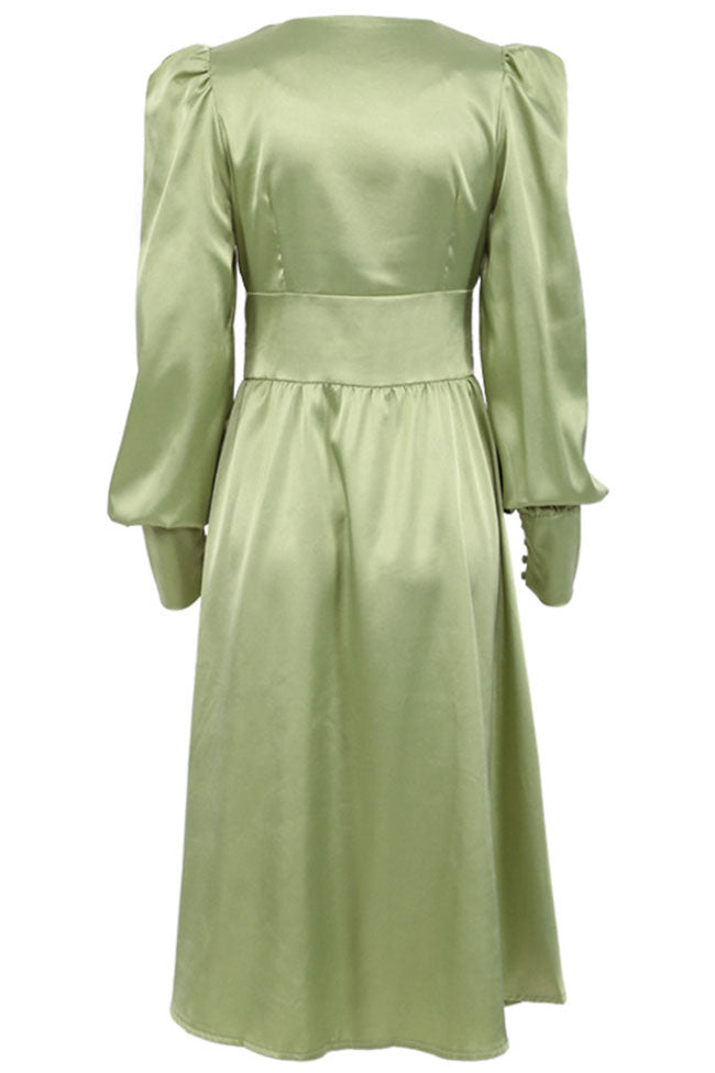 Silky Satin V Neck Puff Sleeve Button Up French Shirt Midi Dress - Green 3