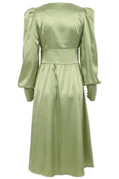 Silky Satin V Neck Puff Sleeve Button Up French Shirt Midi Dress - Green 3