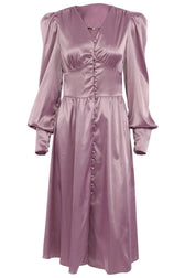 Silky Satin V Neck Puff Sleeve Button Up French Shirt Midi Dress - Purple 2