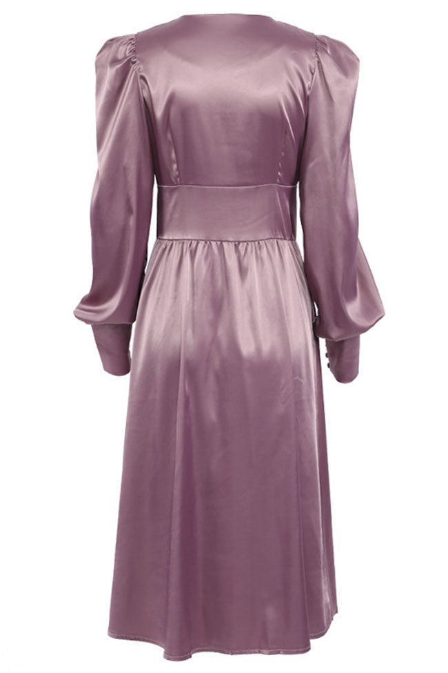 Silky Satin V Neck Puff Sleeve Button Up French Shirt Midi Dress - Purple 3