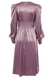 Silky Satin V Neck Puff Sleeve Button Up French Shirt Midi Dress - Purple 3