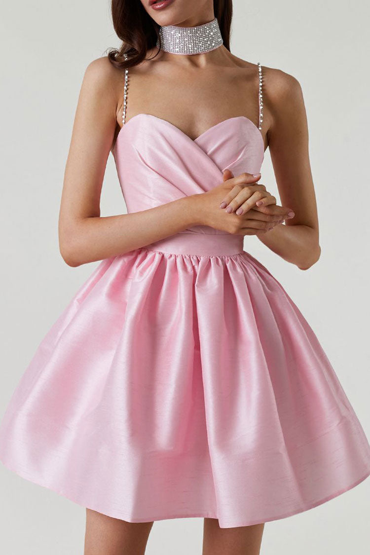 Satin Sweetheart Rhinestone Strap Pleated Bust Fit and Flare Mini Dress