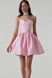 Silky Sweetheart Spaghetti Strap Pleated Satin Skater Mini Dress - Pink 2