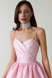 Silky Sweetheart Spaghetti Strap Pleated Satin Skater Mini Dress - Pink 3