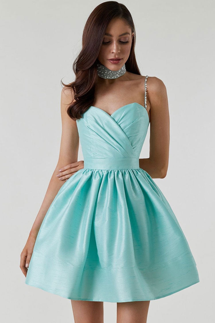 Silky Sweetheart Spaghetti Strap Pleated Satin Skater Mini Dress - Teal 2