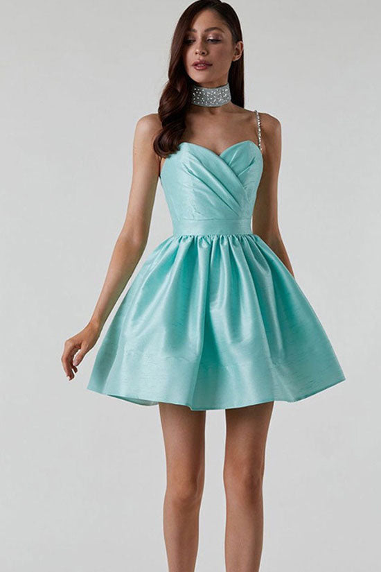 Silky Sweetheart Spaghetti Strap Pleated Satin Skater Mini Dress - Teal 3