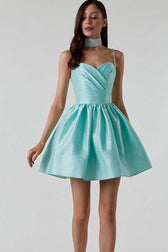 Silky Sweetheart Spaghetti Strap Pleated Satin Skater Mini Dress - Teal 3