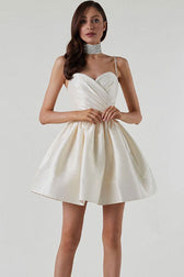 Silky Sweetheart Spaghetti Strap Pleated Satin Skater Mini Dress - White 2