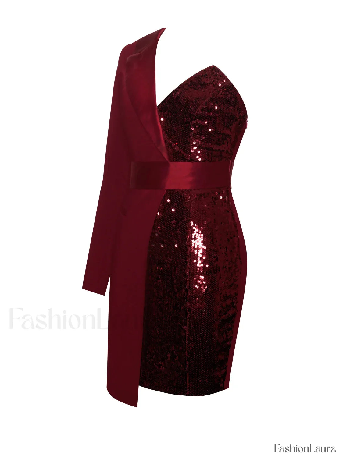 Silver Night Wine Red Graceful Sequin Crepe Tuxedo Blazer Dress