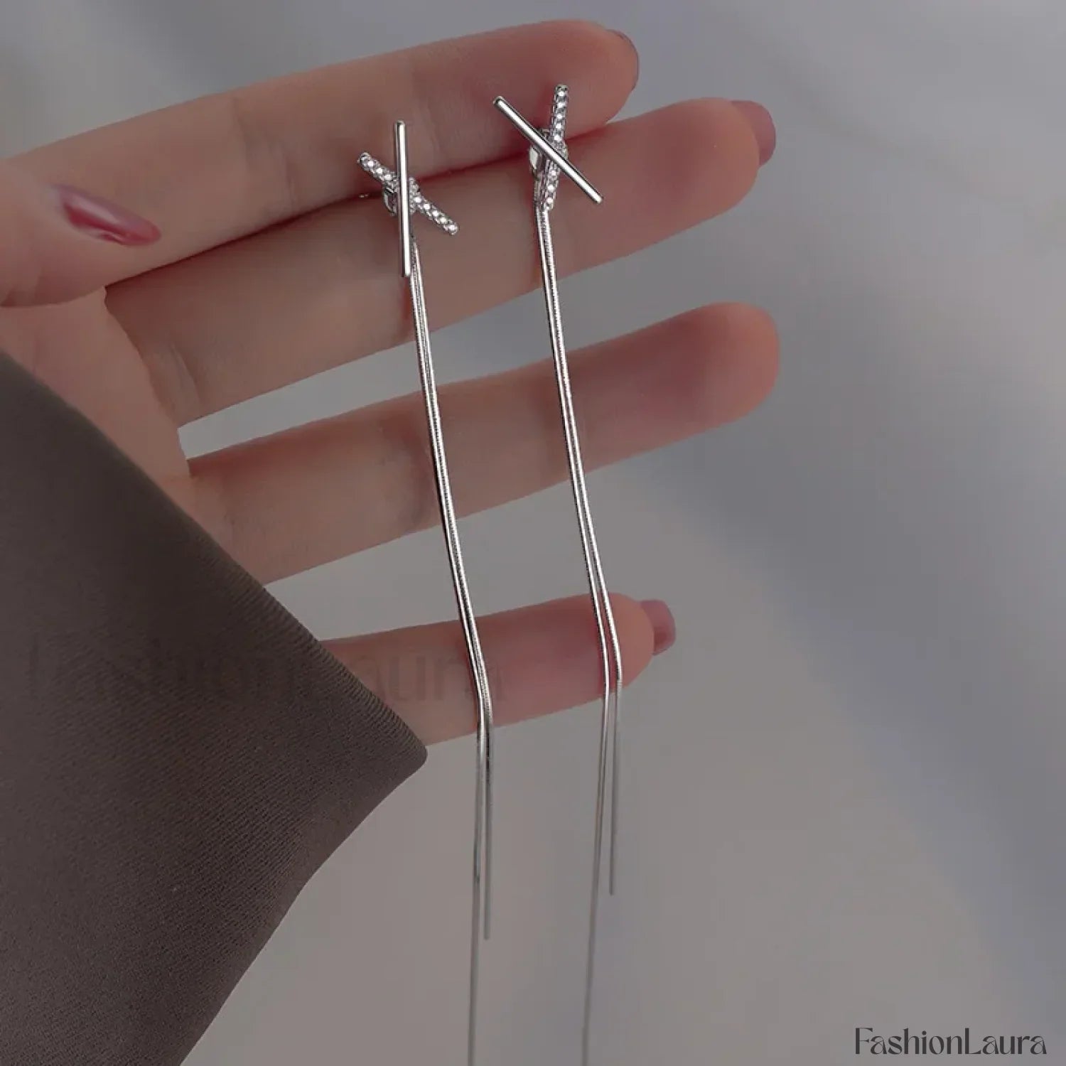 Simple Cross Long Chain Tassel Drop Gold Silver Piercing Trendy Ear Earring