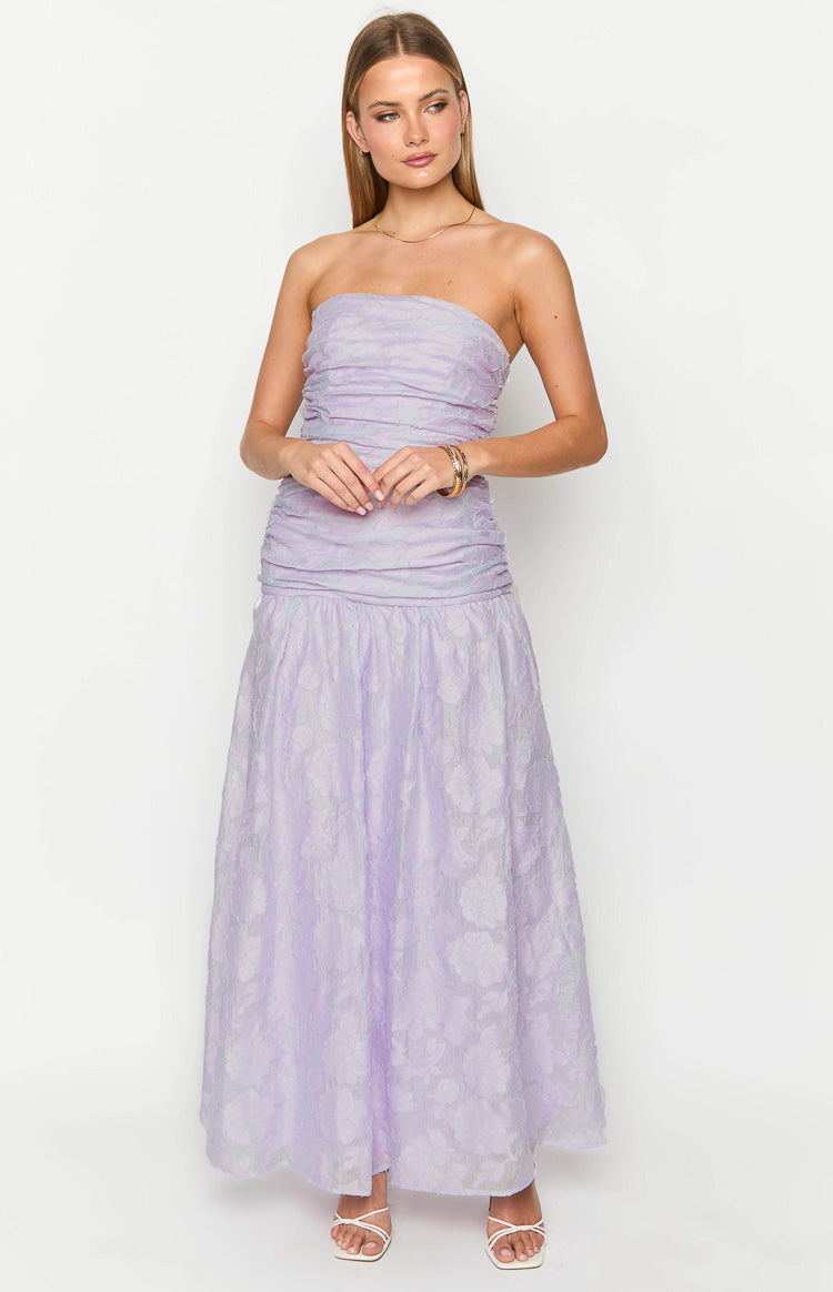 Textured Floral Strapless Ruched Bodice Drop Waist Maxi Dress 2