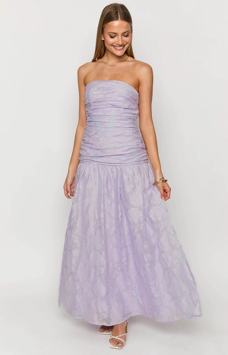 Textured Floral Strapless Ruched Bodice Drop Waist Maxi Dress 3