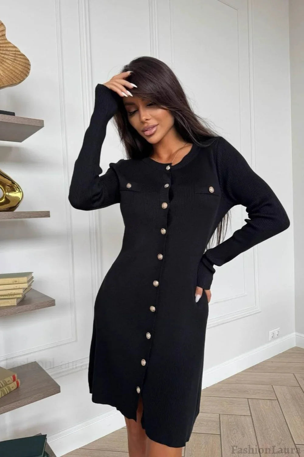 Single-Breasted Cardigan Fitted Knit Sweater Dress S / Black