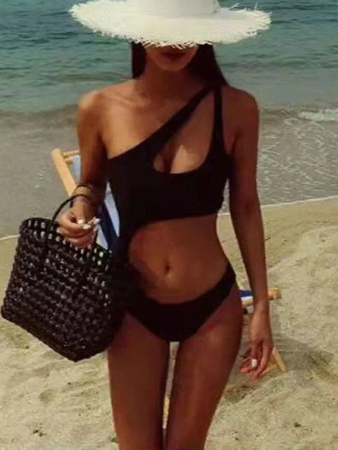 Single Shoulder Hollow Out One Piece Black / M