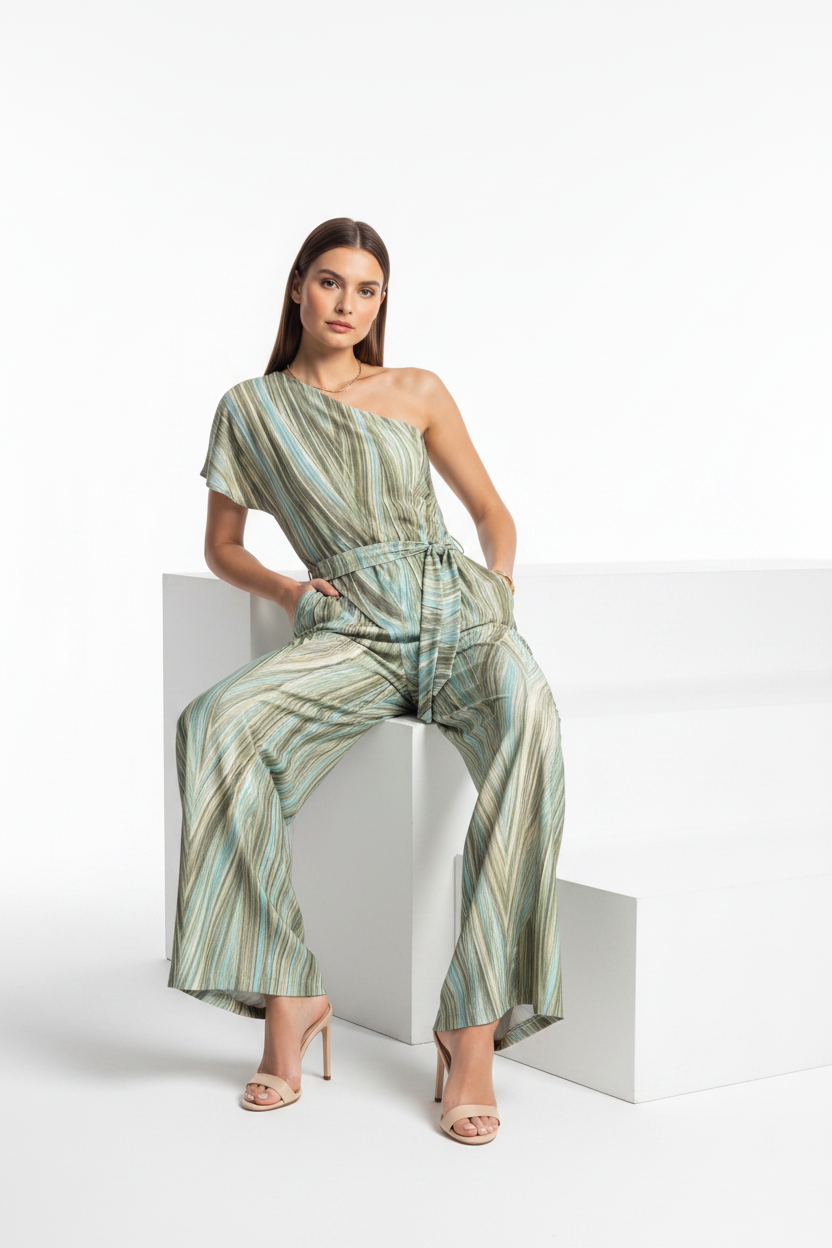 Elegant Abstract Print Wide Leg Jumpsuit with Pockets and Belted Waist