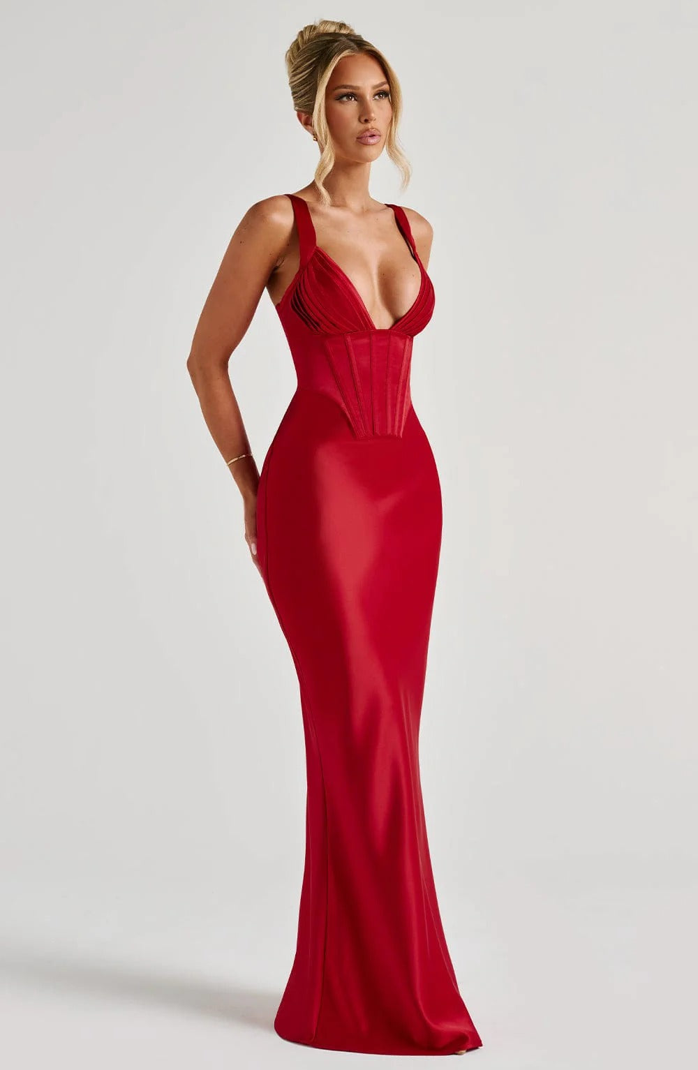 Satin Corset Bodice Plunge V-Neck Maxi Gown 6
