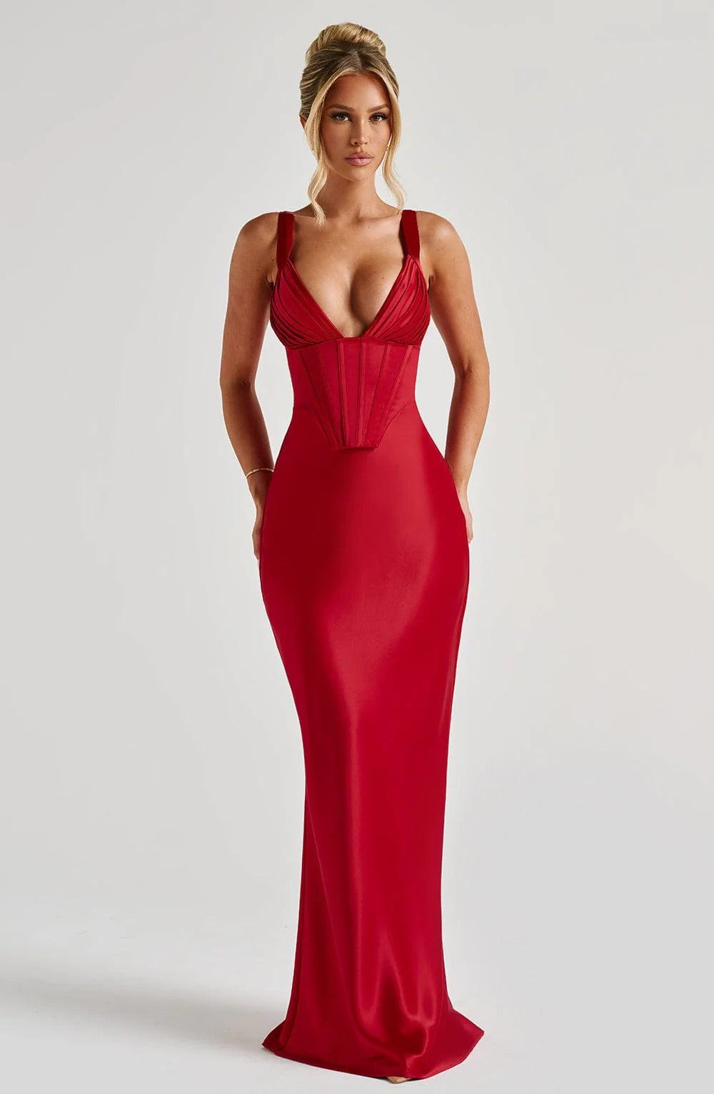 Satin Corset Bodice Plunge V-Neck Maxi Gown 8