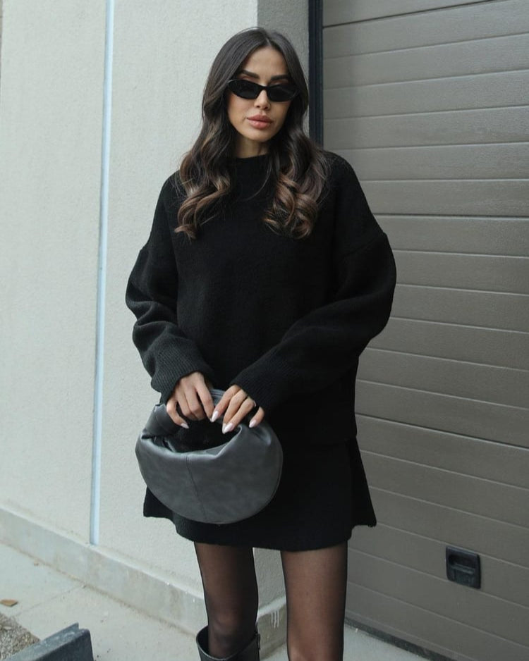 Crew Neck Oversized Knit Sweater and Mini Skirt Two Piece Set