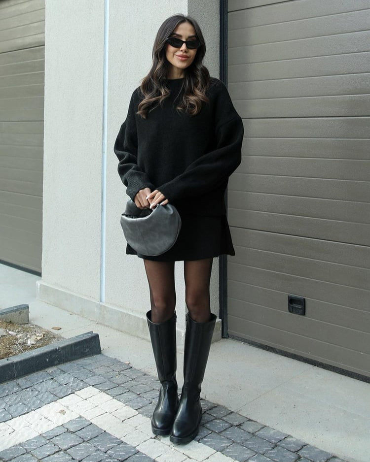 Crew Neck Oversized Knit Sweater and Mini Skirt Two Piece Set