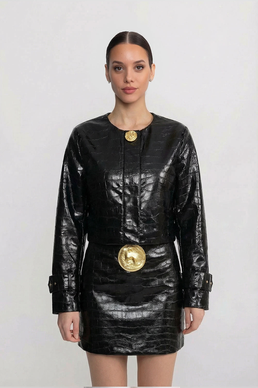 Croc-Effect Mini Skirt With Statement Gold Button  - Black