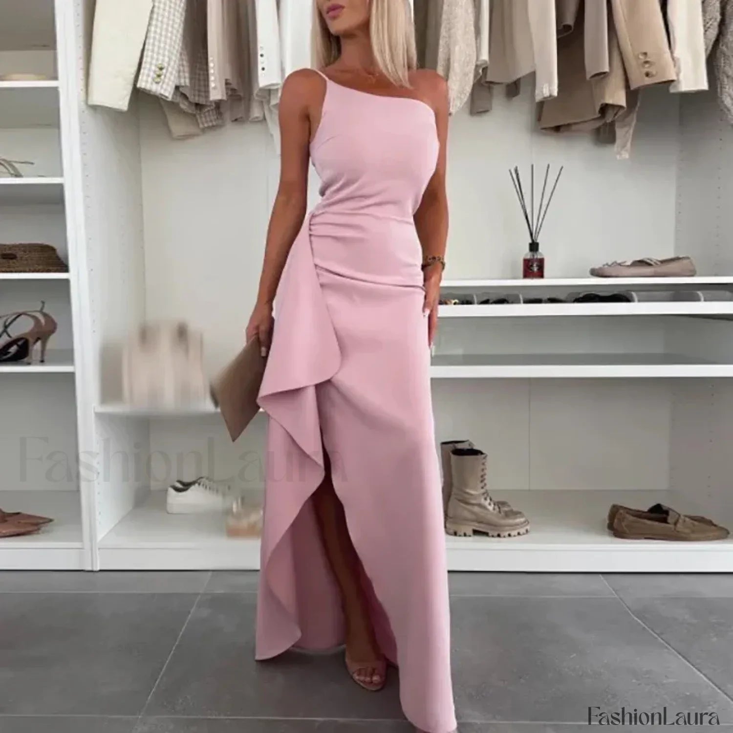 Skew Neck Wrap Split Maxi Dress
